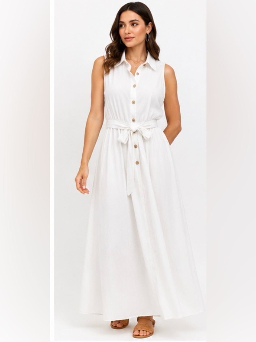 AZ NWT White Sleeveless Belted Button Front Maxi Dress S/M